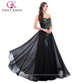 Grace Karin 2016 Hot Sale Lace Up Back Vestidos elegantes Long Chiffon Black Appliques bordado Pavão vestido de noite CL6168-1 #